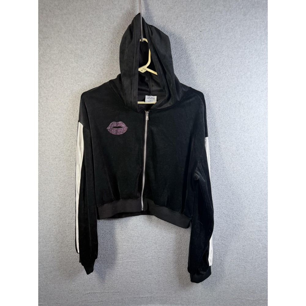 Rue21 Hoodie Women's M Black Velour Full Zip Rhinestone Lips Stripe Hooded